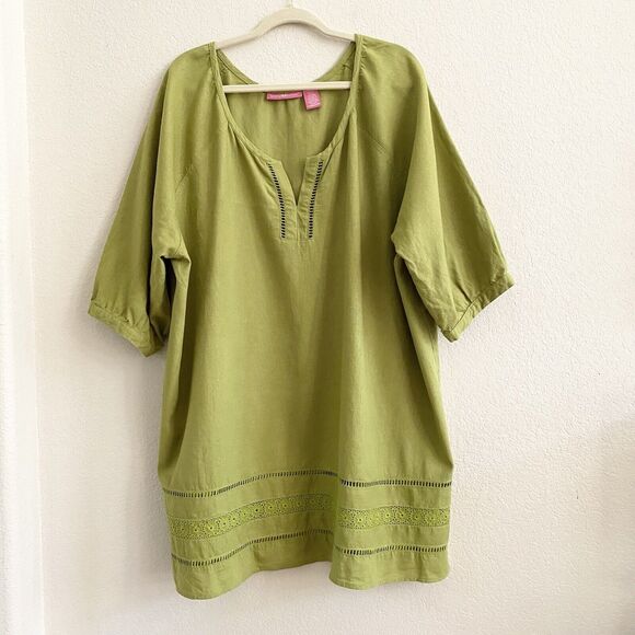 Woman Within Linen Blend Green Tunic Top Blouse Size 2X Crocheted Hem Pullover - Picture 1 of 10